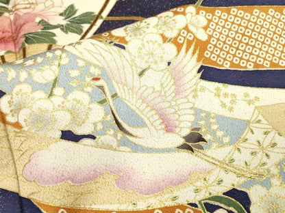 平和屋着物▼豪華色留袖 扇面飛鶴花文 金彩 金通し地 正絹 逸品 DABC6598fe