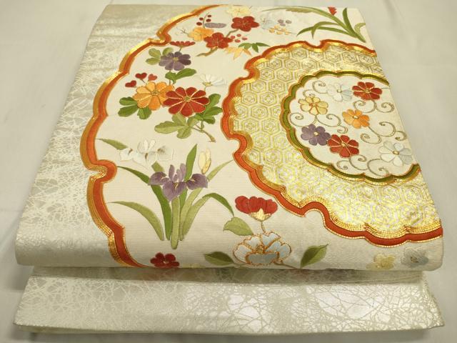 平和屋着物▼太鼓柄袋帯 駒刺繍 雪輪花文 金糸 正絹 逸品 DABC6647fe