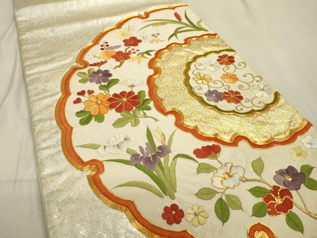 平和屋着物▼太鼓柄袋帯 駒刺繍 雪輪花文 金糸 正絹 逸品 DABC6647fe