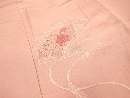 平和屋着物▼中国三大刺繍 スワトウ刺繍 汕頭刺繍 総刺繍 訪問着 扇面花文 珊瑚色 正絹 逸品 DABC6713fe