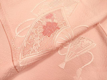 平和屋着物▼中国三大刺繍 スワトウ刺繍 汕頭刺繍 総刺繍 訪問着 扇面花文 珊瑚色 正絹 逸品 DABC6713fe