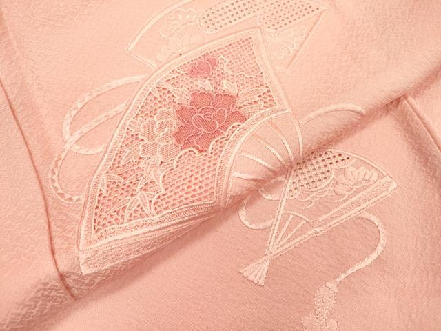 平和屋着物▼中国三大刺繍 スワトウ刺繍 汕頭刺繍 総刺繍 訪問着 扇面花文 珊瑚色 正絹 逸品 DABC6713fe