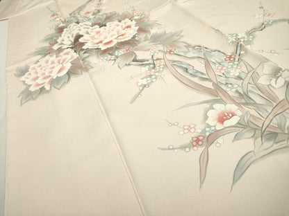 平和屋着物▼訪問着 手描き 枝花 牡丹 暈し染 正絹 逸品 DABC6738fe