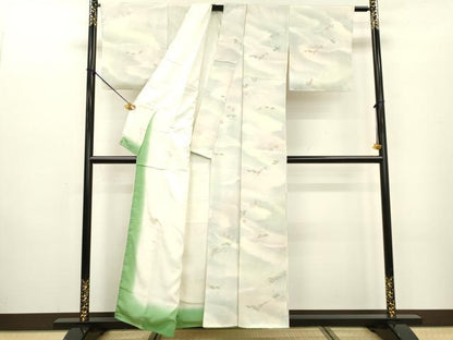 平和屋着物▼上質な小紋 地紋起こし 手描き 流水花松文 暈し染 正絹 逸品 DABC6790fe