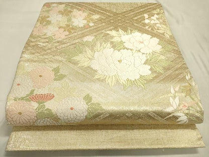 平和屋着物▼太鼓柄袋帯 唐織 草花 金糸 正絹 逸品 DABC6821fe