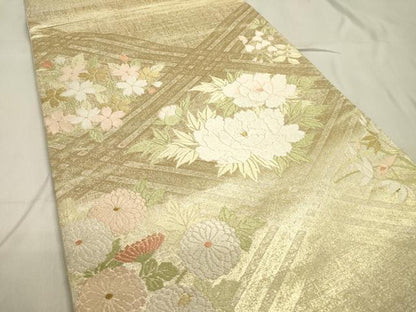 平和屋着物▼太鼓柄袋帯 唐織 草花 金糸 正絹 逸品 DABC6821fe