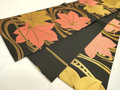 平和屋着物●織物一筋名門　織悦　全通柄　本袋帯　竜田川　黒地　金糸　正絹　逸品　DABC6855fe