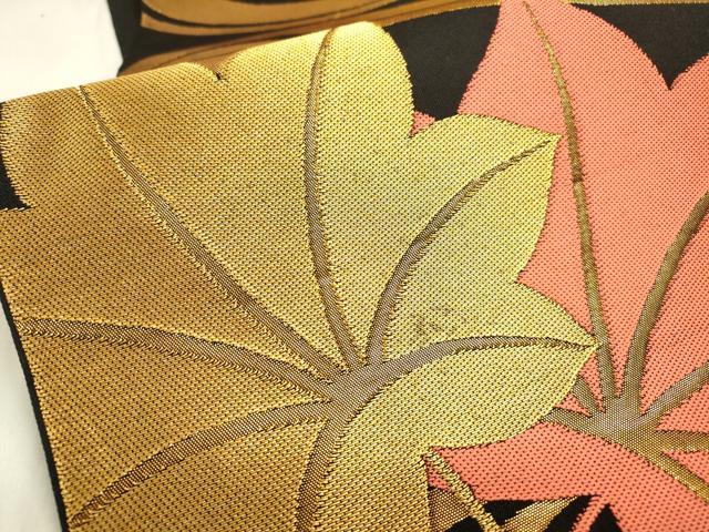 平和屋着物●織物一筋名門　織悦　全通柄　本袋帯　竜田川　黒地　金糸　正絹　逸品　DABC6855fe