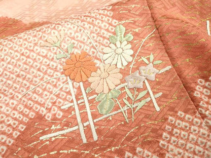 平和屋着物■豪華色留袖　絞り　刺繍　雲取り草花文　金彩　正絹　逸品　DABC6867fe