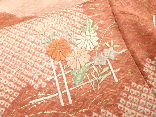 平和屋着物■豪華色留袖　絞り　刺繍　雲取り草花文　金彩　正絹　逸品　DABC6867fe