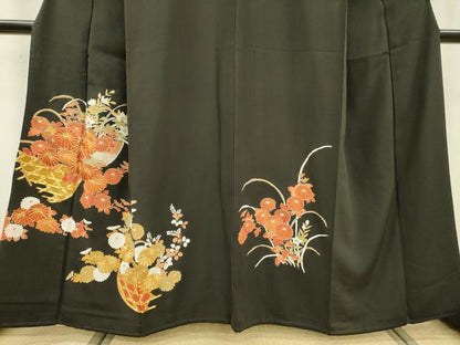 平和屋着物■豪華黒留袖　駒刺繍　花籠文　金彩　正絹　逸品　DABC6888fe