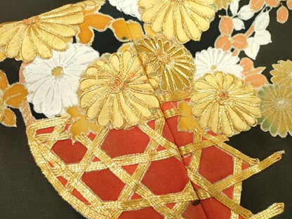 平和屋着物■豪華黒留袖　駒刺繍　花籠文　金彩　正絹　逸品　DABC6888fe