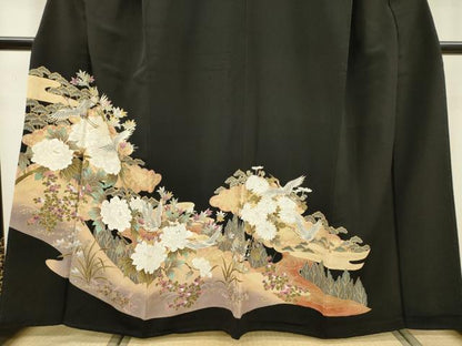 平和屋着物■豪華黒留袖　飛鶴牡丹文　暈し染　金彩　正絹　逸品　DABC6895fe