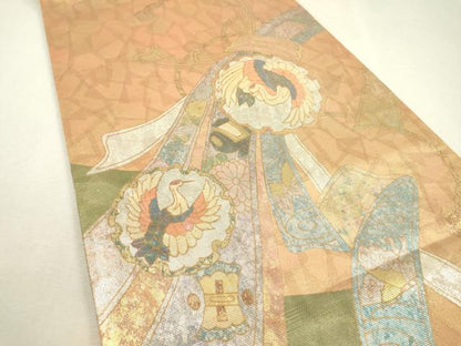 平和屋着物▼太鼓柄袋帯 螺鈿箔 宝尽くし束ね熨斗飛鶴文 金銀彩 正絹 逸品 DABC6945fe