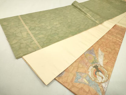 平和屋着物▼太鼓柄袋帯 螺鈿箔 宝尽くし束ね熨斗飛鶴文 金銀彩 正絹 逸品 DABC6945fe