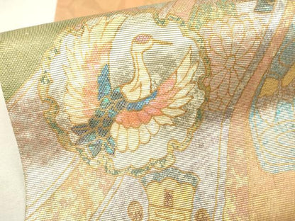 平和屋着物▼太鼓柄袋帯 螺鈿箔 宝尽くし束ね熨斗飛鶴文 金銀彩 正絹 逸品 DABC6945fe