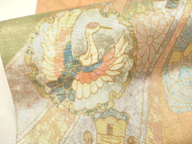 平和屋着物▼太鼓柄袋帯 螺鈿箔 宝尽くし束ね熨斗飛鶴文 金銀彩 正絹 逸品 DABC6945fe