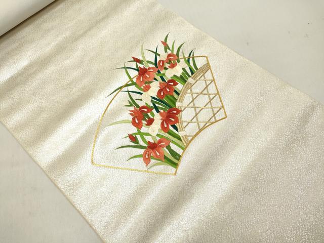 平和屋着物▼西陣　京の名門　じゅらく謹製　名古屋帯　帯反物　駒刺繍　地紙花文　杜若　カキツバタ　証紙付き　逸品　未使用　DABC7046we