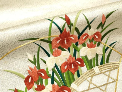 平和屋着物▼西陣　京の名門　じゅらく謹製　名古屋帯　帯反物　駒刺繍　地紙花文　杜若　カキツバタ　証紙付き　逸品　未使用　DABC7046we