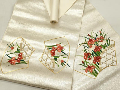 平和屋着物▼西陣　京の名門　じゅらく謹製　名古屋帯　帯反物　駒刺繍　地紙花文　杜若　カキツバタ　証紙付き　逸品　未使用　DABC7046we