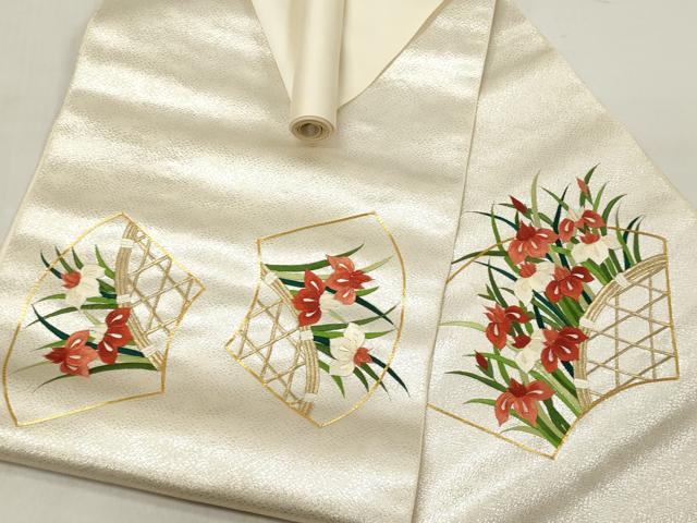 平和屋着物▼西陣　京の名門　じゅらく謹製　名古屋帯　帯反物　駒刺繍　地紙花文　杜若　カキツバタ　証紙付き　逸品　未使用　DABC7046we