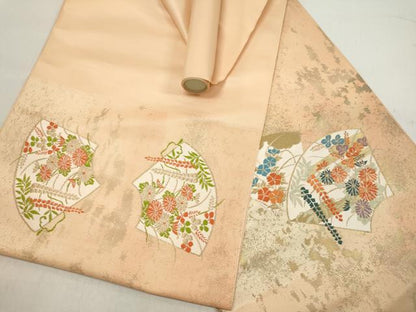 平和屋着物▼西陣　よこくに謹製　名古屋帯　帯反物　地紙草花文　金糸　引箔　証紙付き　逸品　未使用　DABC7124we