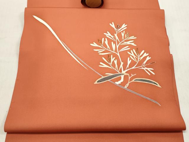 平和屋着物▼塩瀬 名古屋帯 帯反物 駒刺繍 枝葉文 金彩 逸品 未使用 DABC7125we