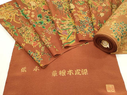 平和屋着物●初代 染人・山岡古都　首里琉染　小紋　反物　着尺　草根木皮染　草花文　逸品　未使用　DABC7218we