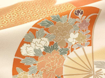 平和屋着物▼付下げ 解き反物 着尺 八掛付き 扇面吉祥花文 金彩 逸品 DABC7276we