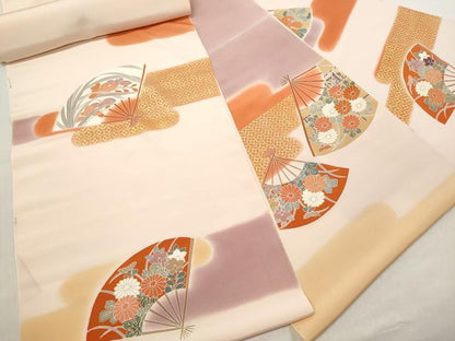 平和屋着物▼付下げ 解き反物 着尺 八掛付き 扇面吉祥花文 金彩 逸品 DABC7276we