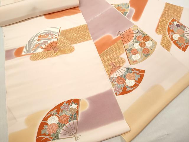 平和屋着物▼付下げ 解き反物 着尺 八掛付き 扇面吉祥花文 金彩 逸品 DABC7276we