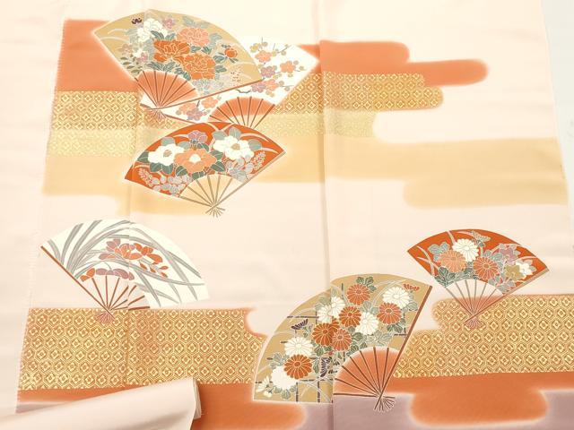 平和屋着物▼付下げ 解き反物 着尺 八掛付き 扇面吉祥花文 金彩 逸品 DABC7276we