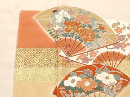 平和屋着物▼付下げ 解き反物 着尺 八掛付き 扇面吉祥花文 金彩 逸品 DABC7276we