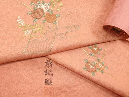 平和屋着物▼付下げ 解き反物 着尺 八掛付き 作家物 総刺繍 蒔蝋纈 短冊花文 逸品 DABC7289we