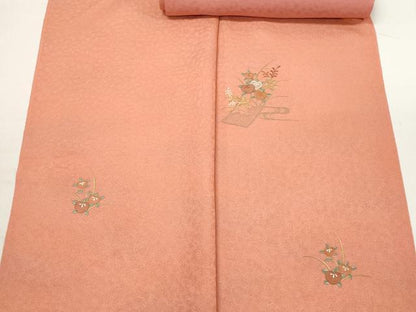 平和屋着物▼付下げ 解き反物 着尺 八掛付き 作家物 総刺繍 蒔蝋纈 短冊花文 逸品 DABC7289we