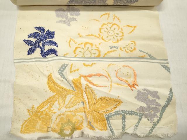 平和屋着物▼アンティーク 大正ロマン 名古屋帯 帯反物 刺繍 扇草花文 逸品 未使用 DABC7379we