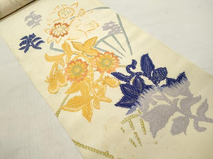 平和屋着物▼アンティーク 大正ロマン 名古屋帯 帯反物 刺繍 扇草花文 逸品 未使用 DABC7379we