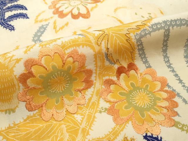 平和屋着物▼アンティーク 大正ロマン 名古屋帯 帯反物 刺繍 扇草花文 逸品 未使用 DABC7379we