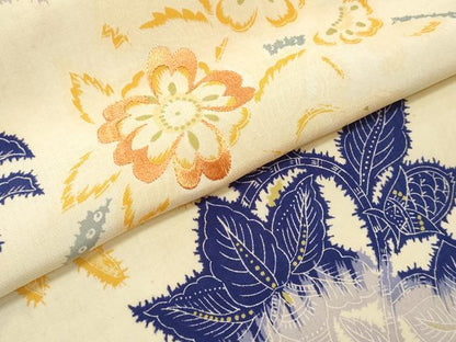 平和屋着物▼アンティーク 大正ロマン 名古屋帯 帯反物 刺繍 扇草花文 逸品 未使用 DABC7379we