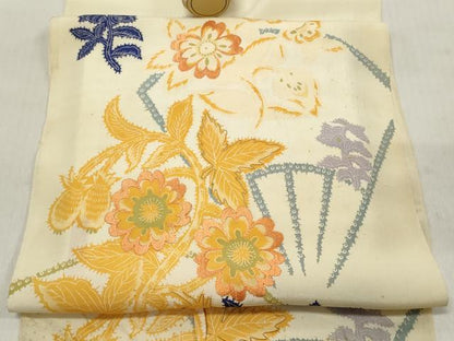 平和屋着物▼アンティーク 大正ロマン 名古屋帯 帯反物 刺繍 扇草花文 逸品 未使用 DABC7379we