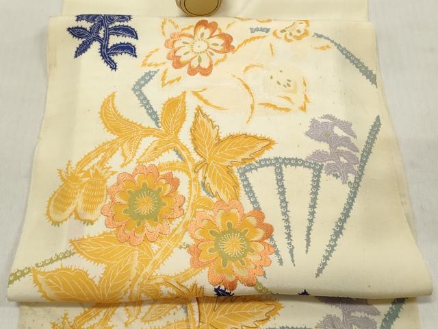 平和屋着物▼アンティーク 大正ロマン 名古屋帯 帯反物 刺繍 扇草花文 逸品 未使用 DABC7379we