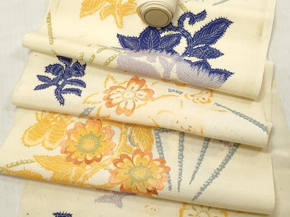 平和屋着物▼アンティーク 大正ロマン 名古屋帯 帯反物 刺繍 扇草花文 逸品 未使用 DABC7379we