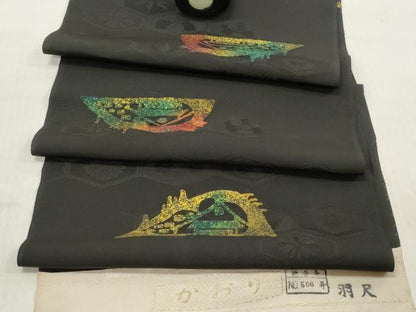 平和屋着物▼羽織・コート　反物　羽尺　ろうけつ染め　風景山文　黒地　逸品　未使用　DABC7405we