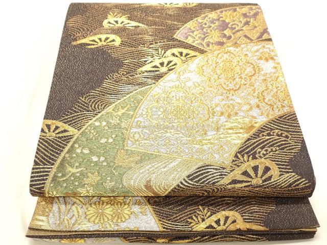平和屋着物◎六通柄袋帯　地紙花文　片輪車　金糸　正絹　逸品　DABC7522ya