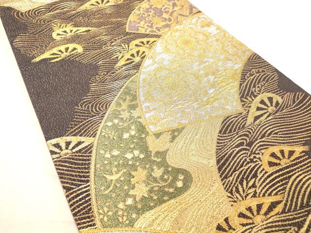 平和屋着物◎六通柄袋帯　地紙花文　片輪車　金糸　正絹　逸品　DABC7522ya