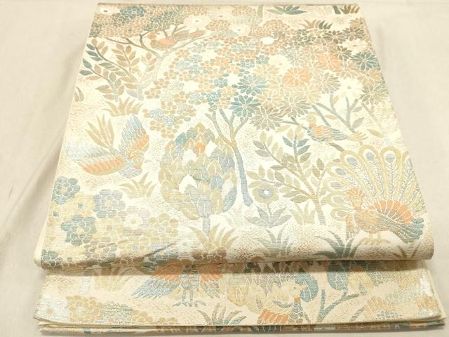 平和屋着物◎六通柄袋帯　群れ鳥花文　正絹　逸品　DABC7523ya