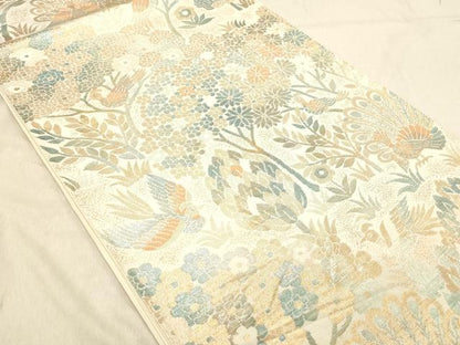 平和屋着物◎六通柄袋帯　群れ鳥花文　正絹　逸品　DABC7523ya