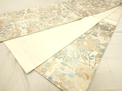 平和屋着物◎六通柄袋帯　群れ鳥花文　正絹　逸品　DABC7523ya
