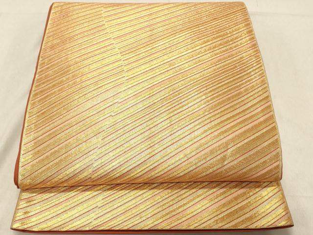 平和屋着物◎全通柄袋帯　斜縞　金糸　正絹　逸品　DABC7533ya