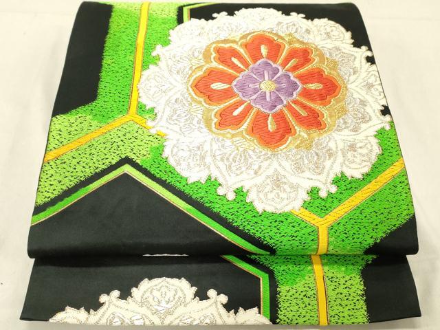 平和屋着物◎六通柄袋帯　唐織　正倉院花文　黒地　金銀糸　正絹　逸品　DABC7552ya